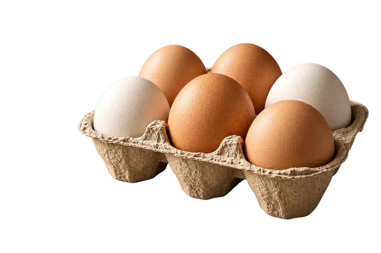 Huevos blancos y marrones en una bandeja